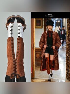 Chanel Fall 2015 Oxford Over The Knee Suede And Leather Runway Boots Size 39.